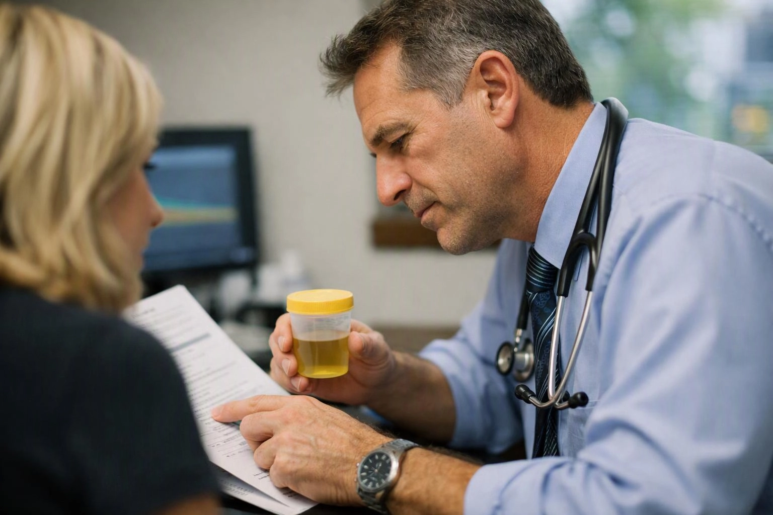 A doctor in a clinic examines a urine sample and points to paperwork while speaking with a patient
