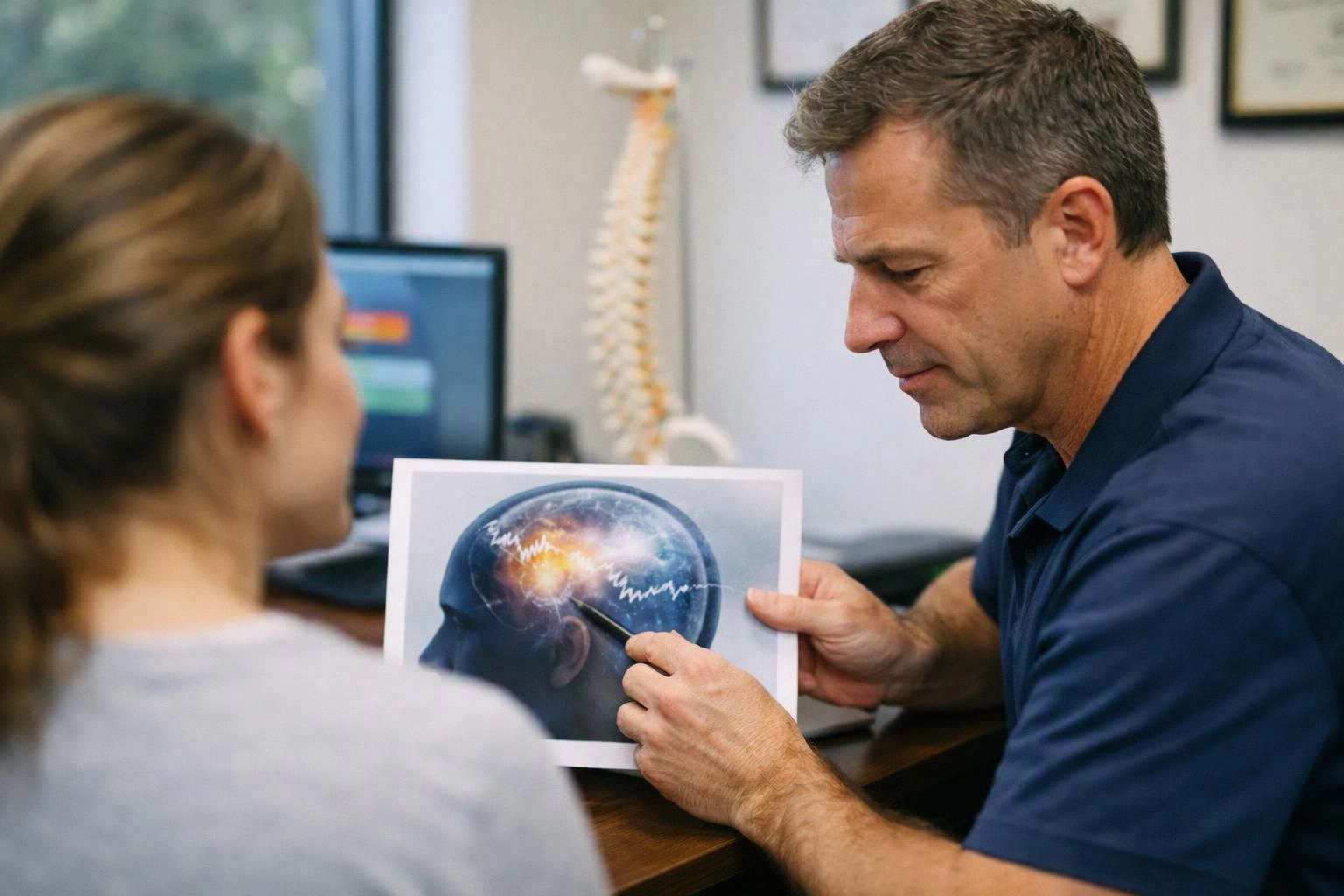A doctor points to a brain scan printout while talking with a woman in a medical office
