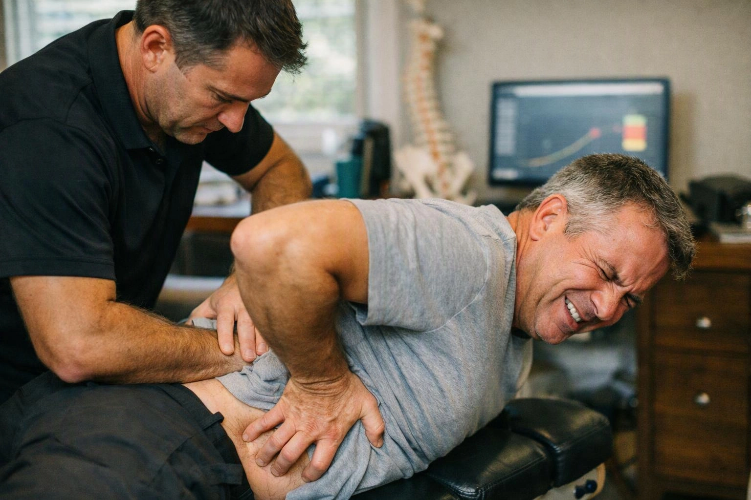 A therapist presses on a grimacing man's lower back in a treatment room