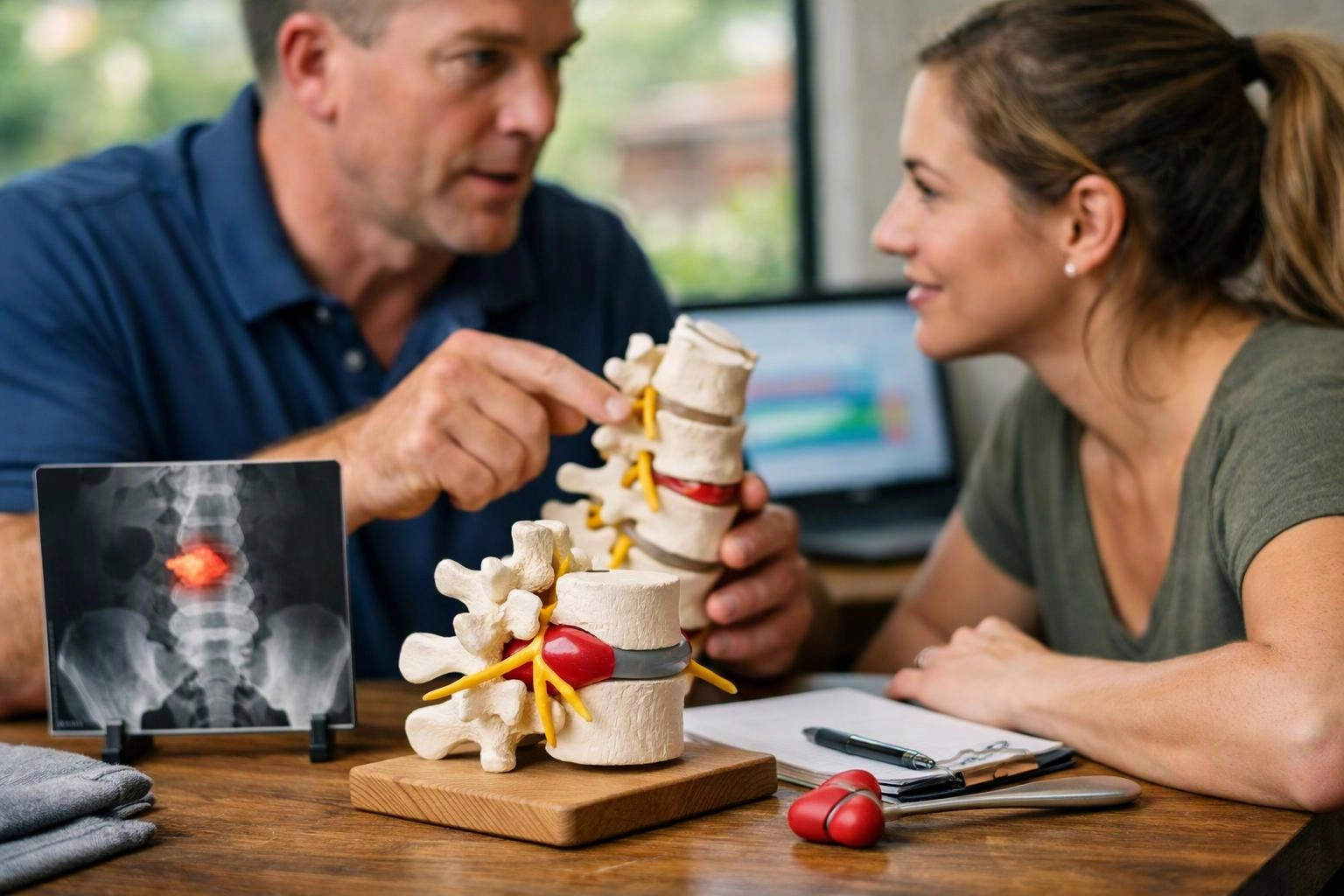 A man points to a spine model while talking with a woman beside an x-ray on a desk