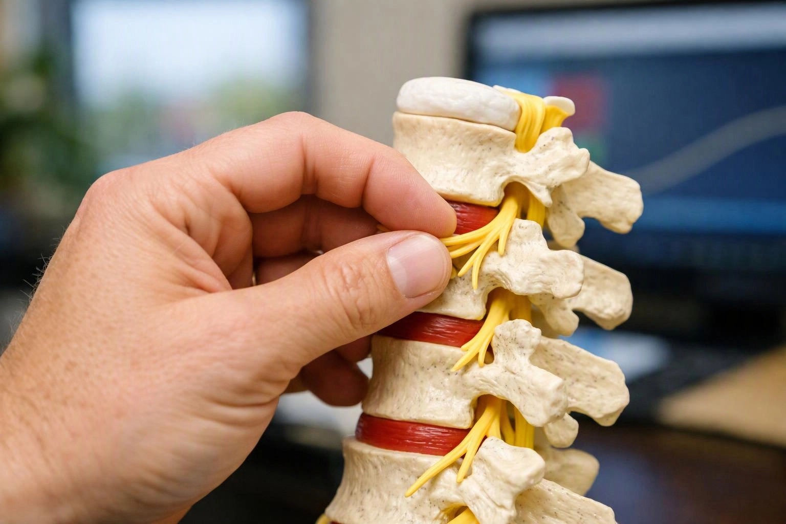A hand holds a spine model with yellow nerves and red discs in an office setting