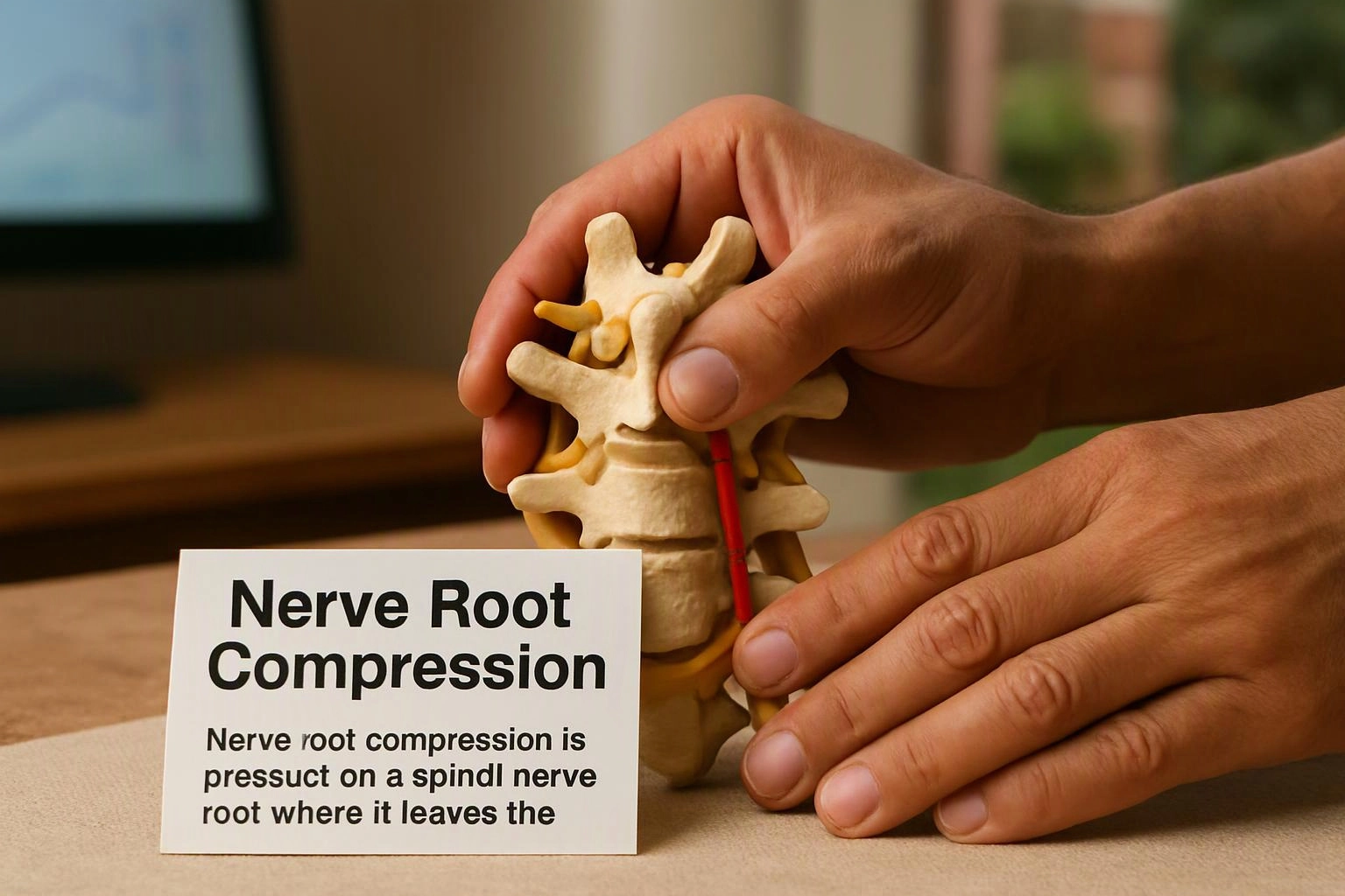 Hands hold a spine model with a red nerve, beside a card reading “Nerve Root Compression”