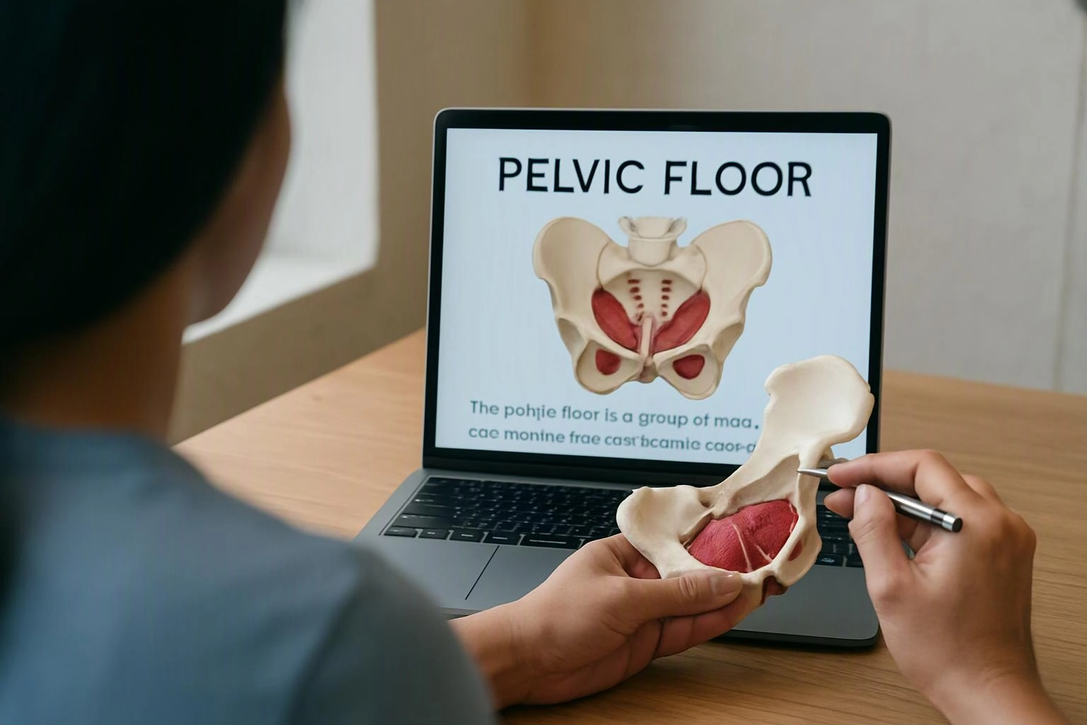 A person points to a pelvis model while a laptop shows the title “PELVIC FLOOR” and an anatomy diagram
