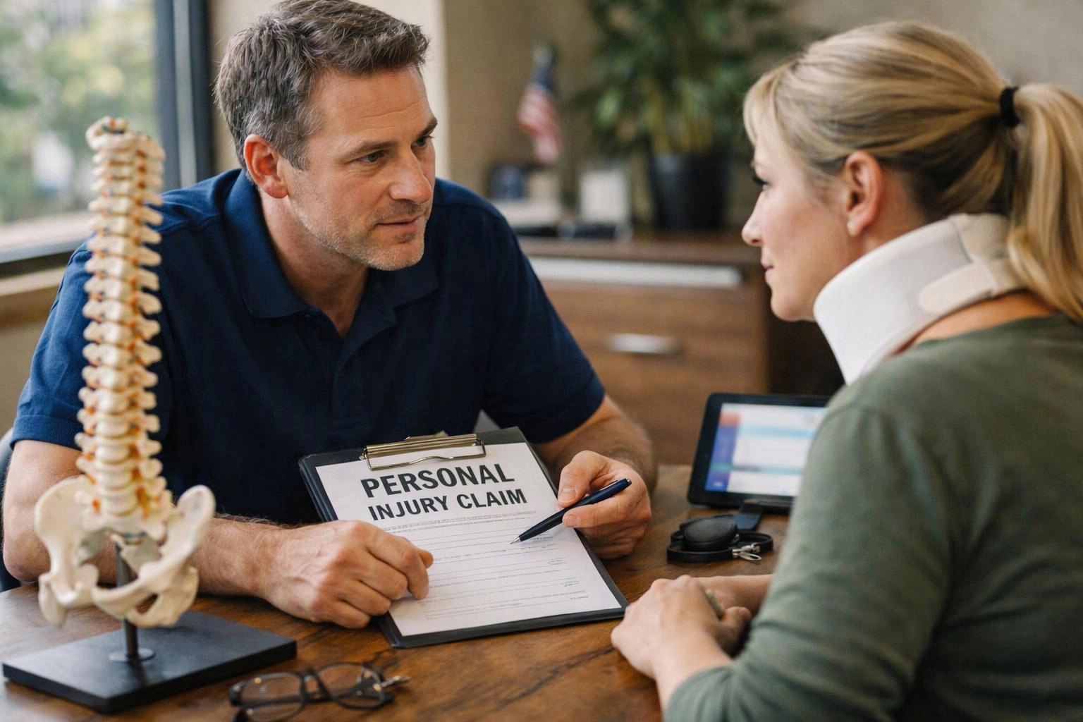 A man explains a personal injury claim to a woman wearing a neck brace at a desk with a spine model