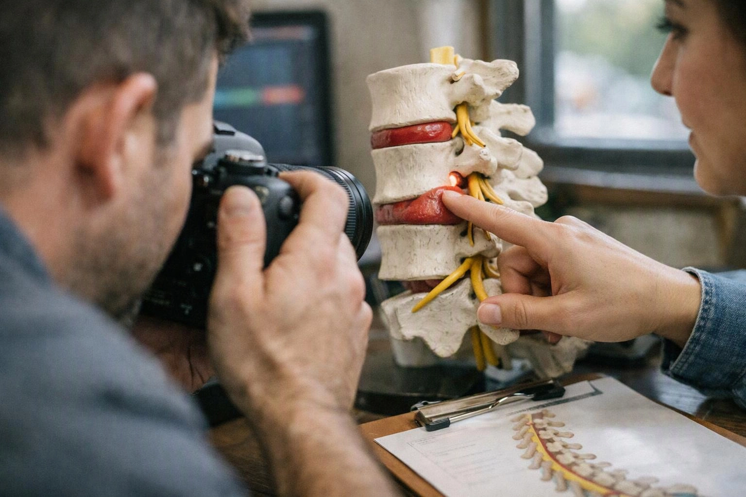 A man photographs a spine model while a woman points to a glowing red spot in a clinic-like room