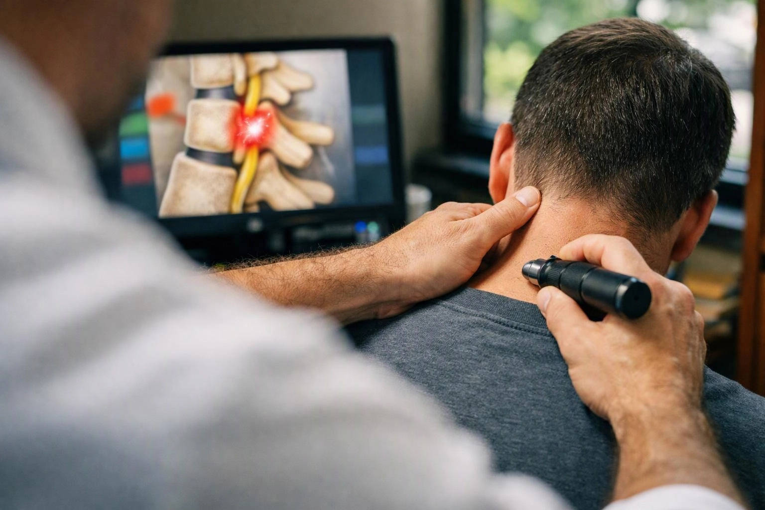 A doctor examines a patient’s neck while a monitor shows a spine image in a clinic room
