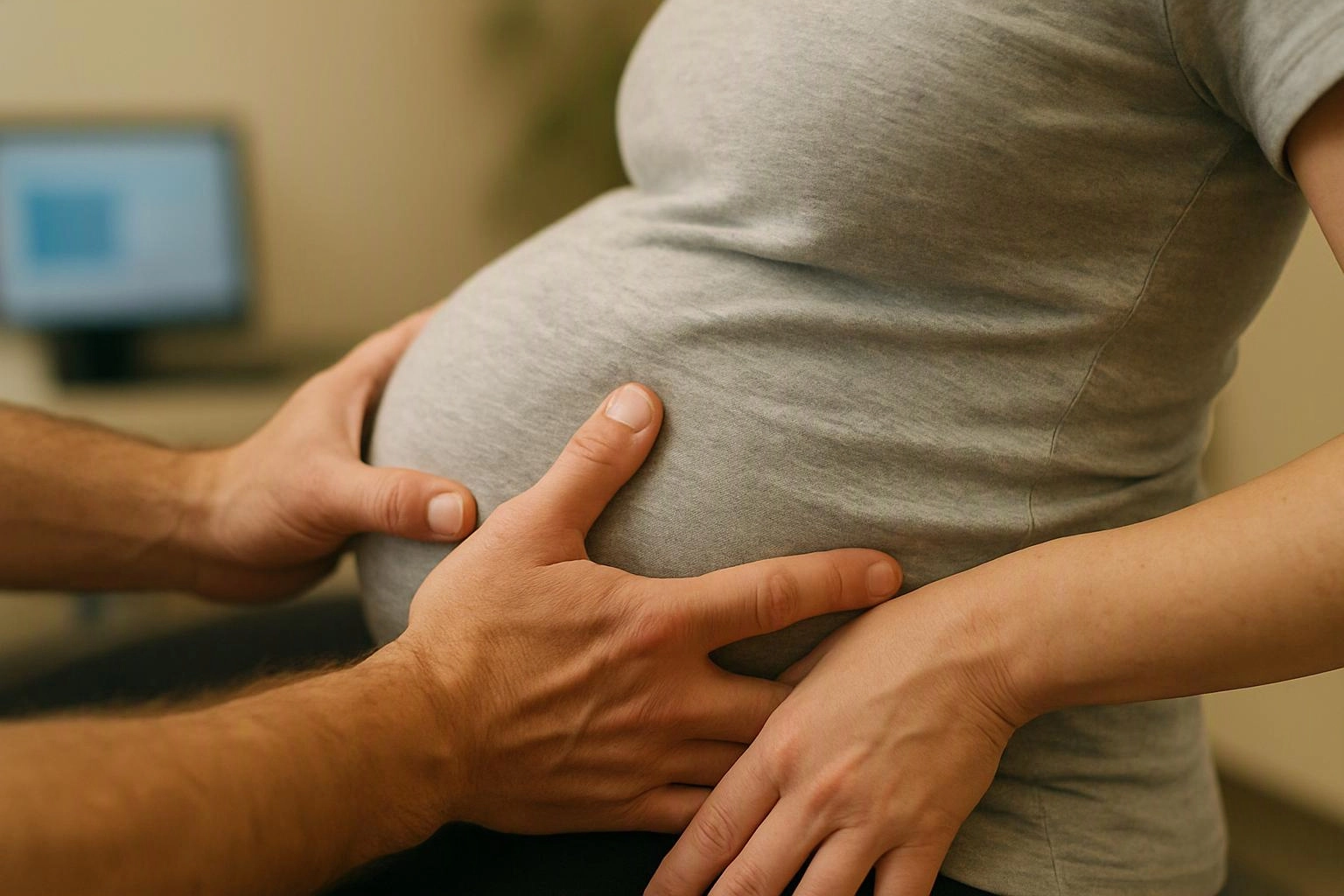 Two hands gently touch a pregnant belly in a softly lit room