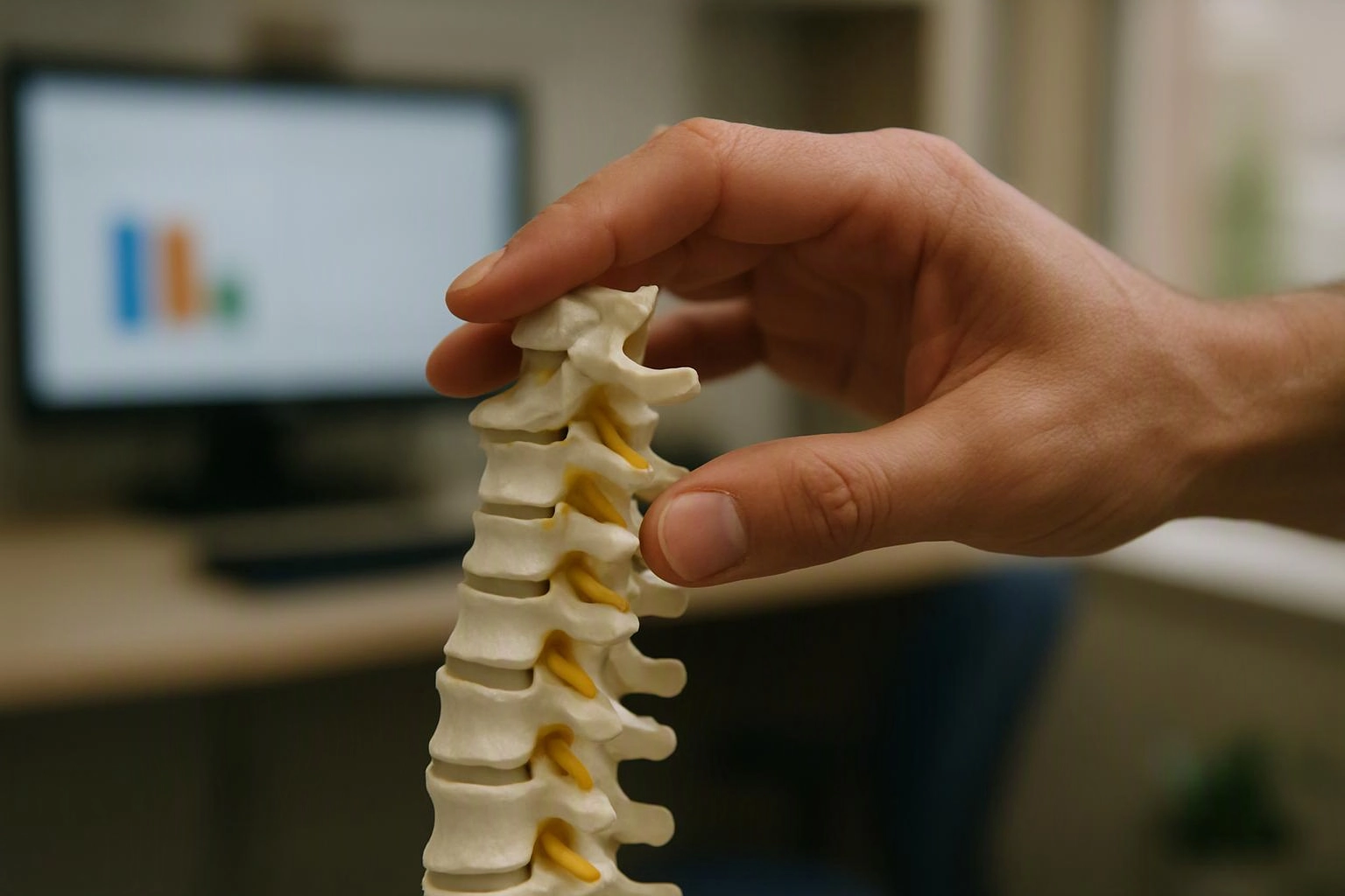 A hand holds a small spine model in front of a blurred computer screen