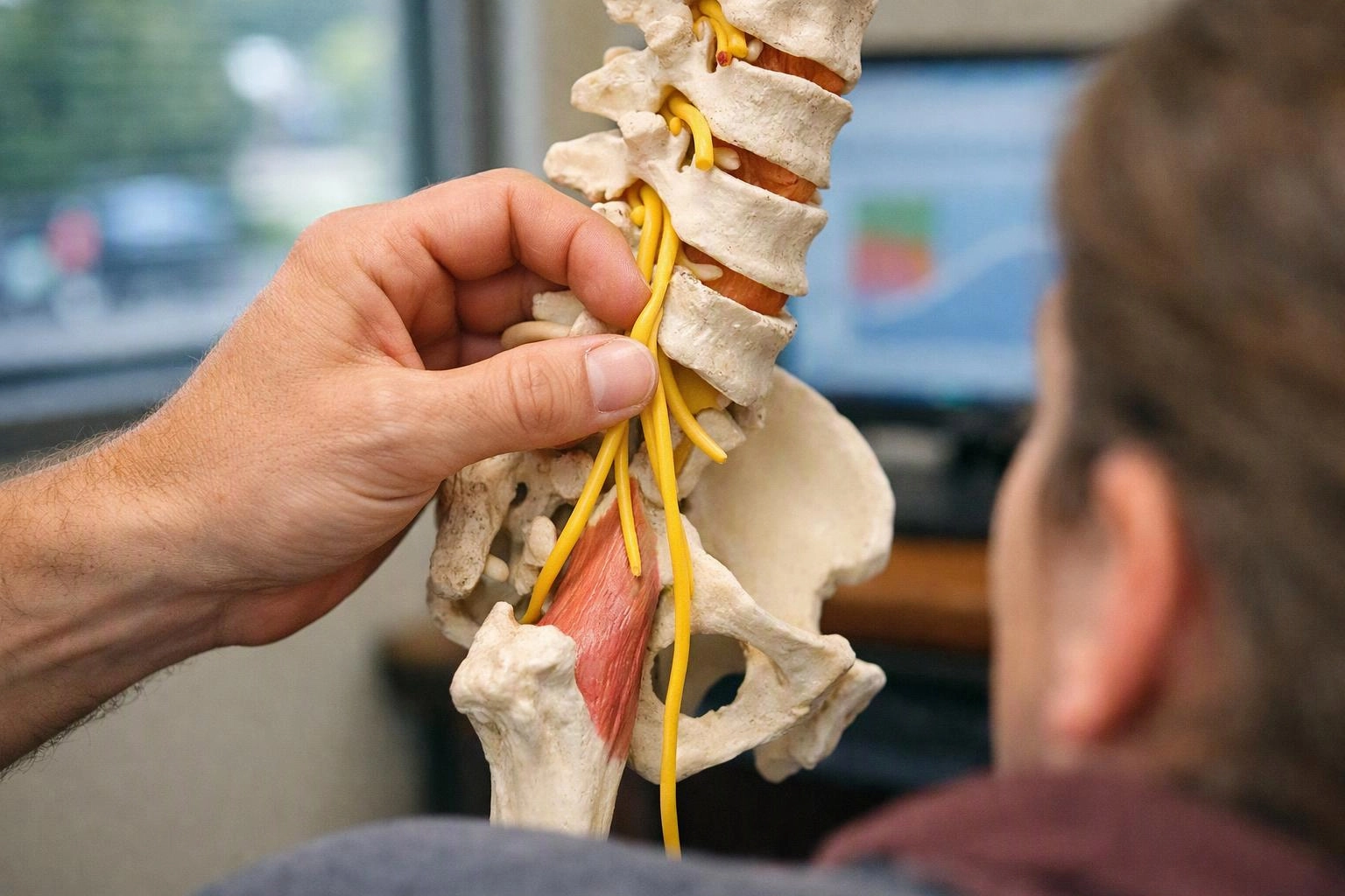 A hand points to yellow nerves on a pelvic spine model while a person watches nearby