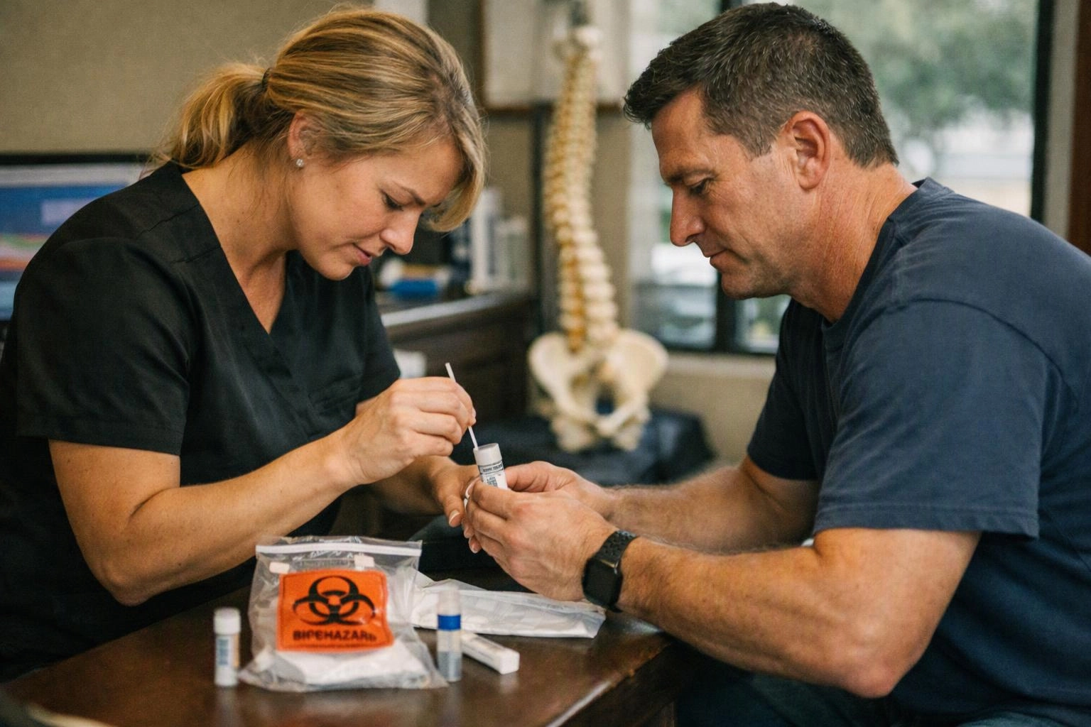 A woman in black scrubs swabs a test tube while a man watches at a table with biohazard supplies