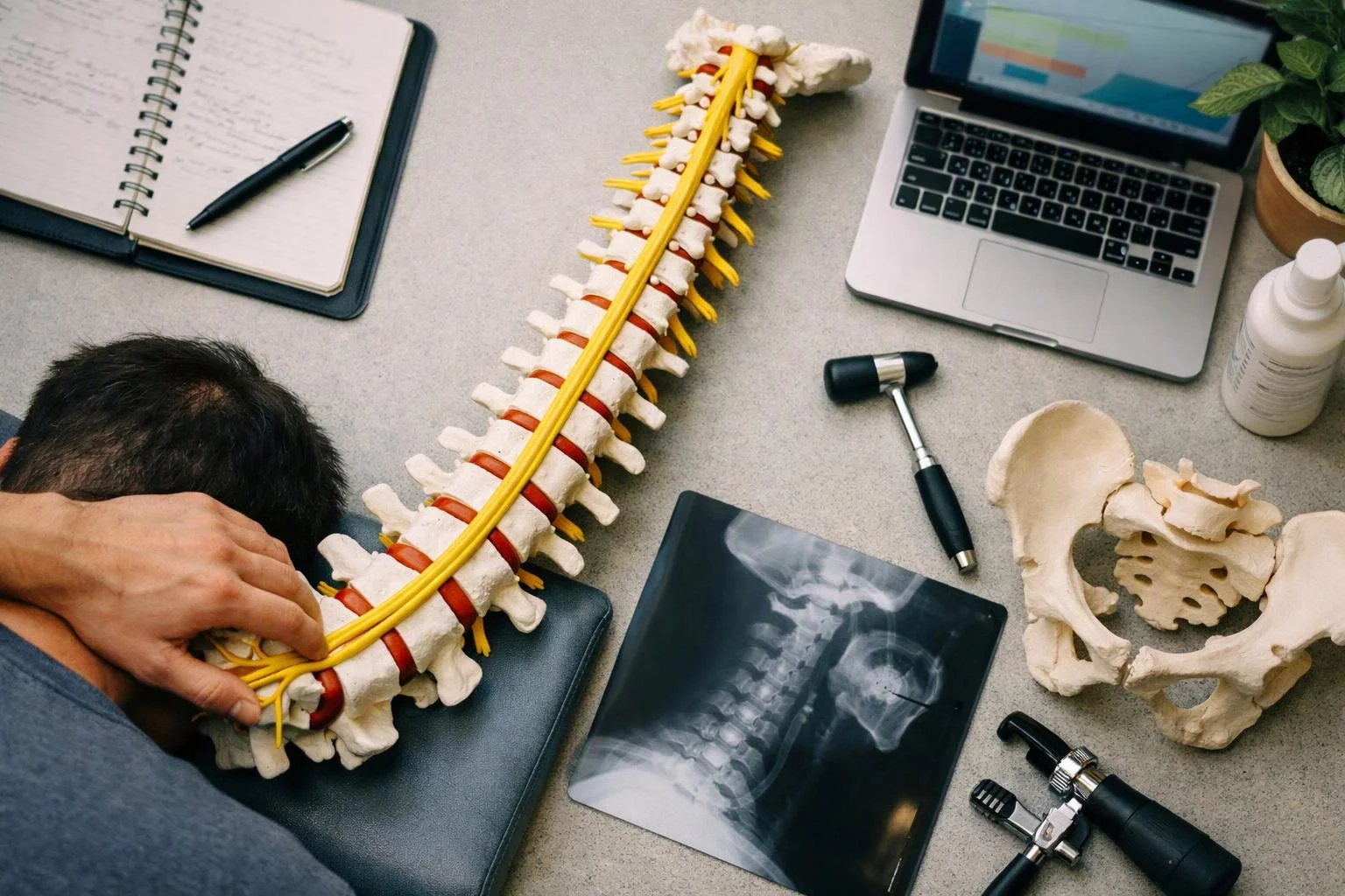 A person adjusts a spine model beside an x-ray, notebook, laptop, and medical tools on a desk