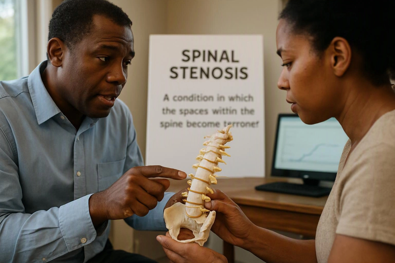 A man points at a spine model while a woman holds it, with a spinal stenosis poster behind them