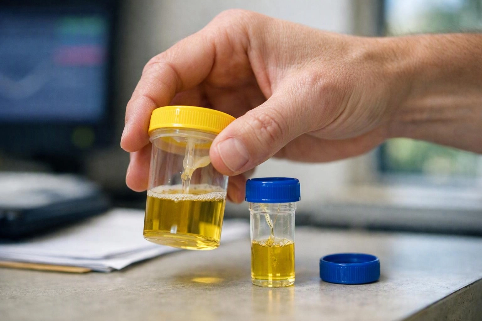 A hand holds a urine sample cup beside two small capped vials on a countertop