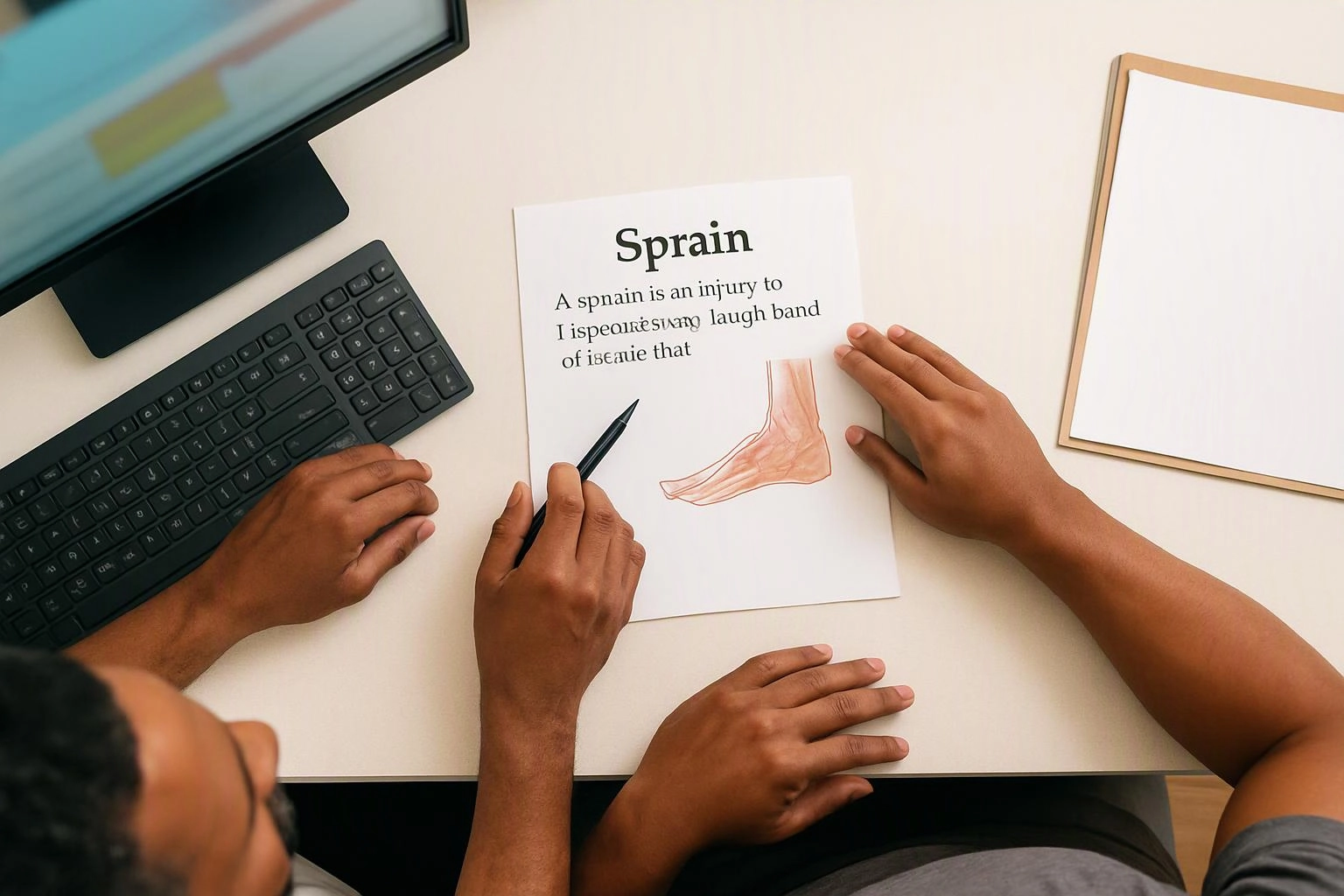 Hands gather around a sprain handout on a desk beside a keyboard and monitor