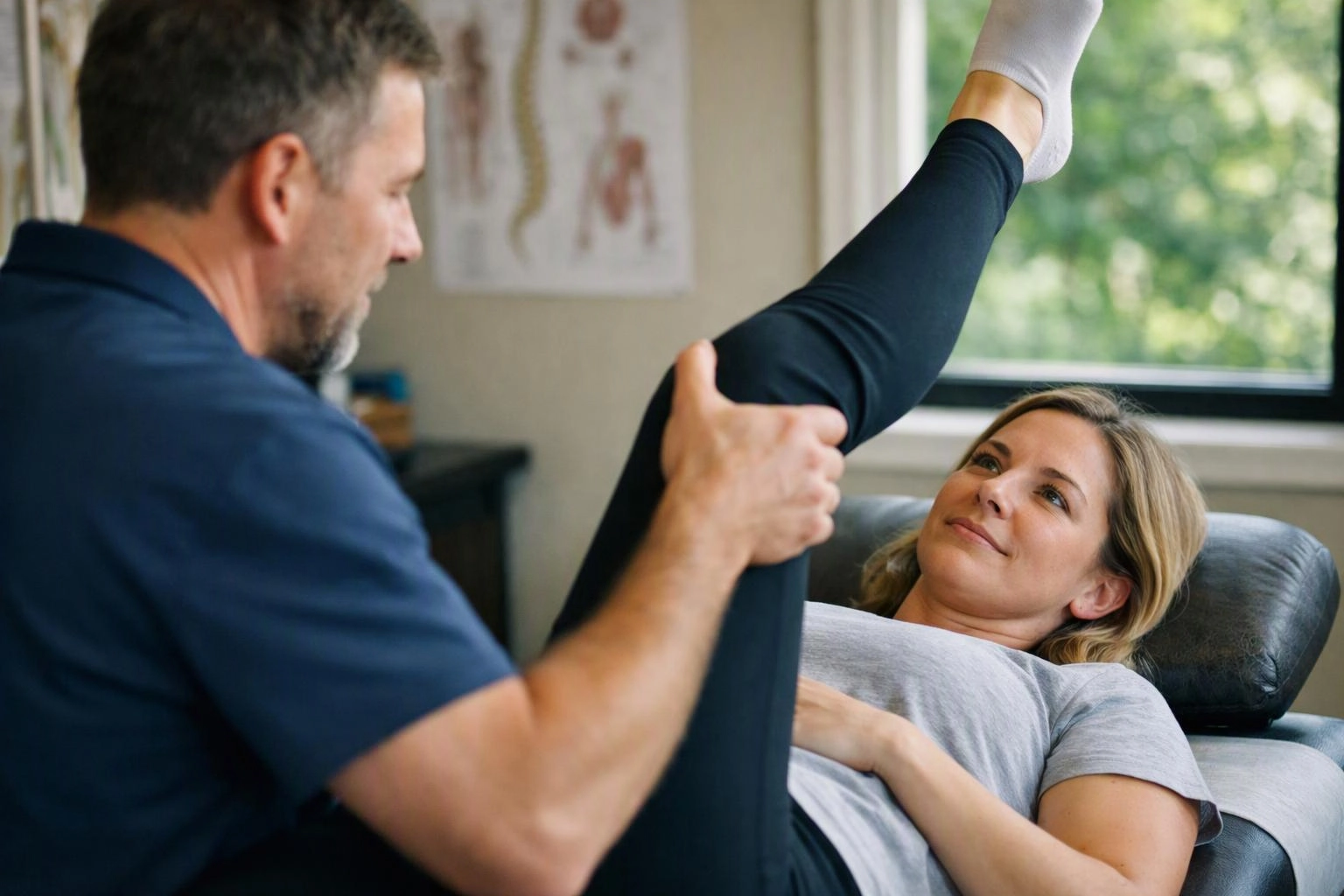 A therapist stretches a woman’s raised leg while she lies on a treatment table in a bright clinic room