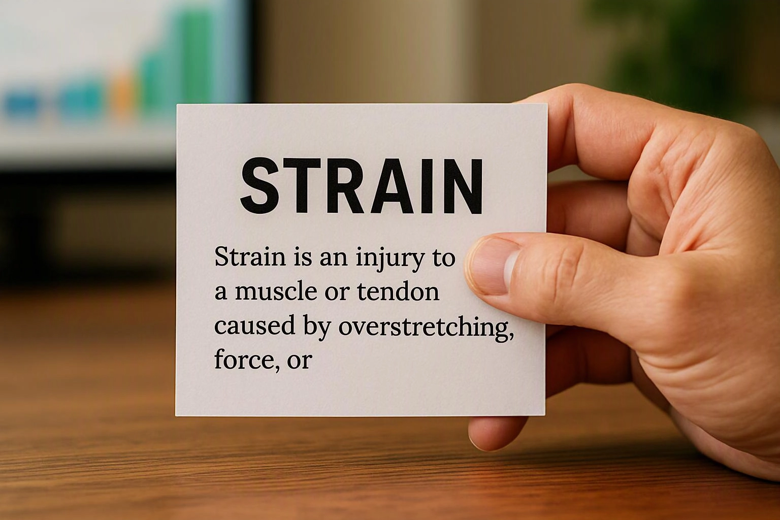 A hand holds a card reading “STRAIN” with a short definition on a wooden table