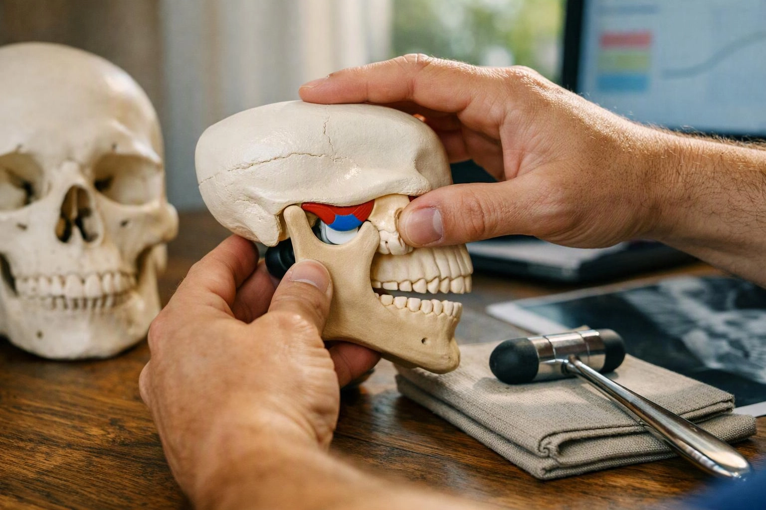 Hands adjust a skull model on a desk beside another skull and a reflex hammer