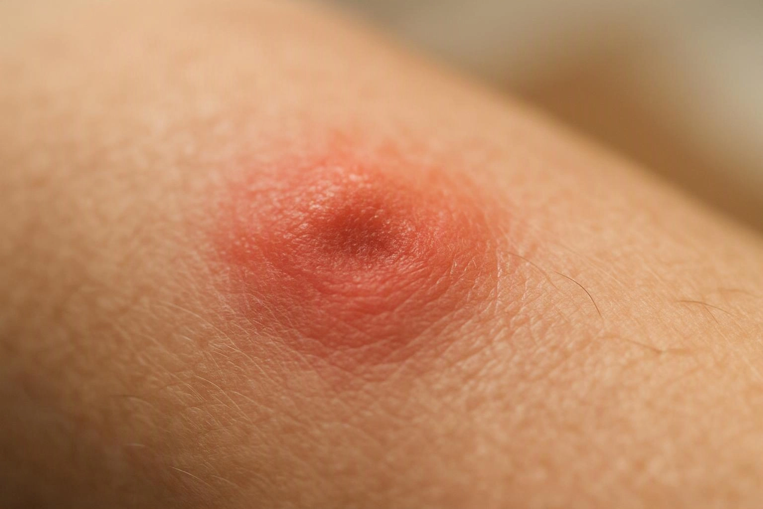 A close-up shows a raised red bump on a patch of skin