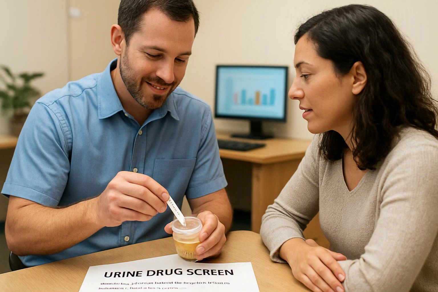 A man pours a urine sample into a test cup while a woman watches beside a table with a drug screen form