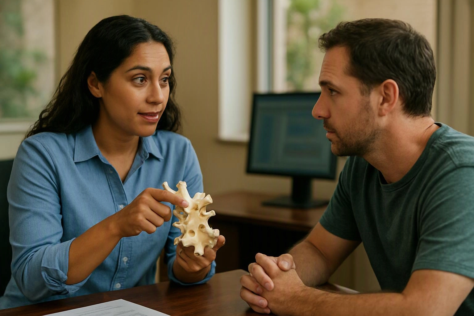A woman shows a spine model to a seated man across a desk in an office