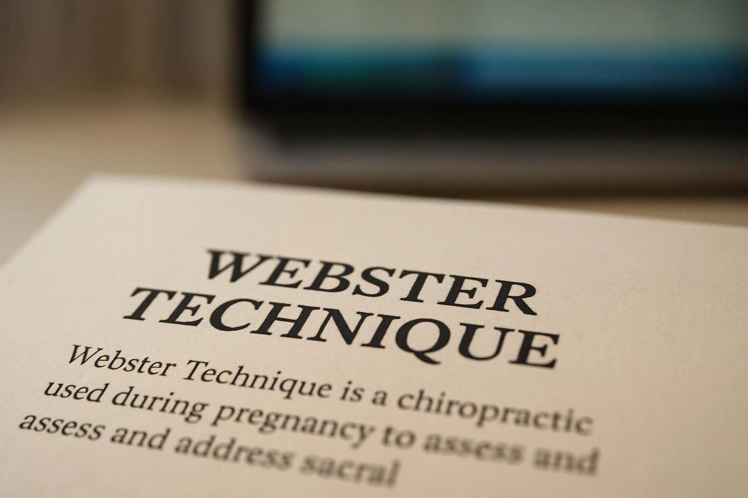 A printed page shows the bold title “WEBSTER TECHNIQUE” with blurred text below on a desk