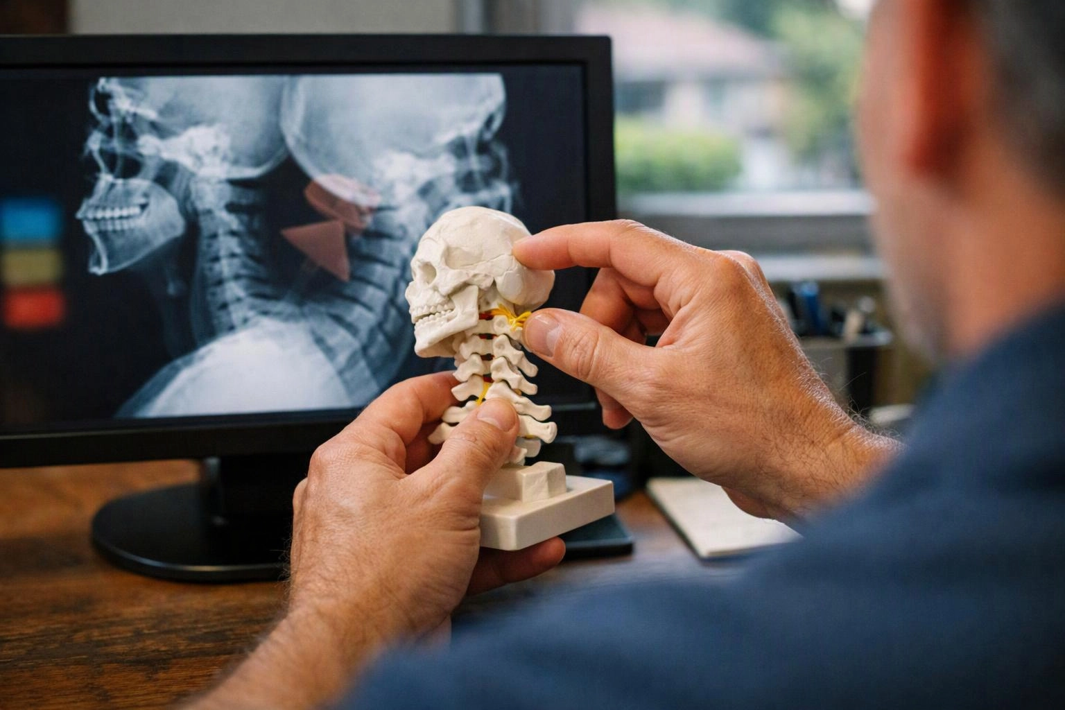 A person holds a small skull model while viewing a neck X-ray on a computer monitor