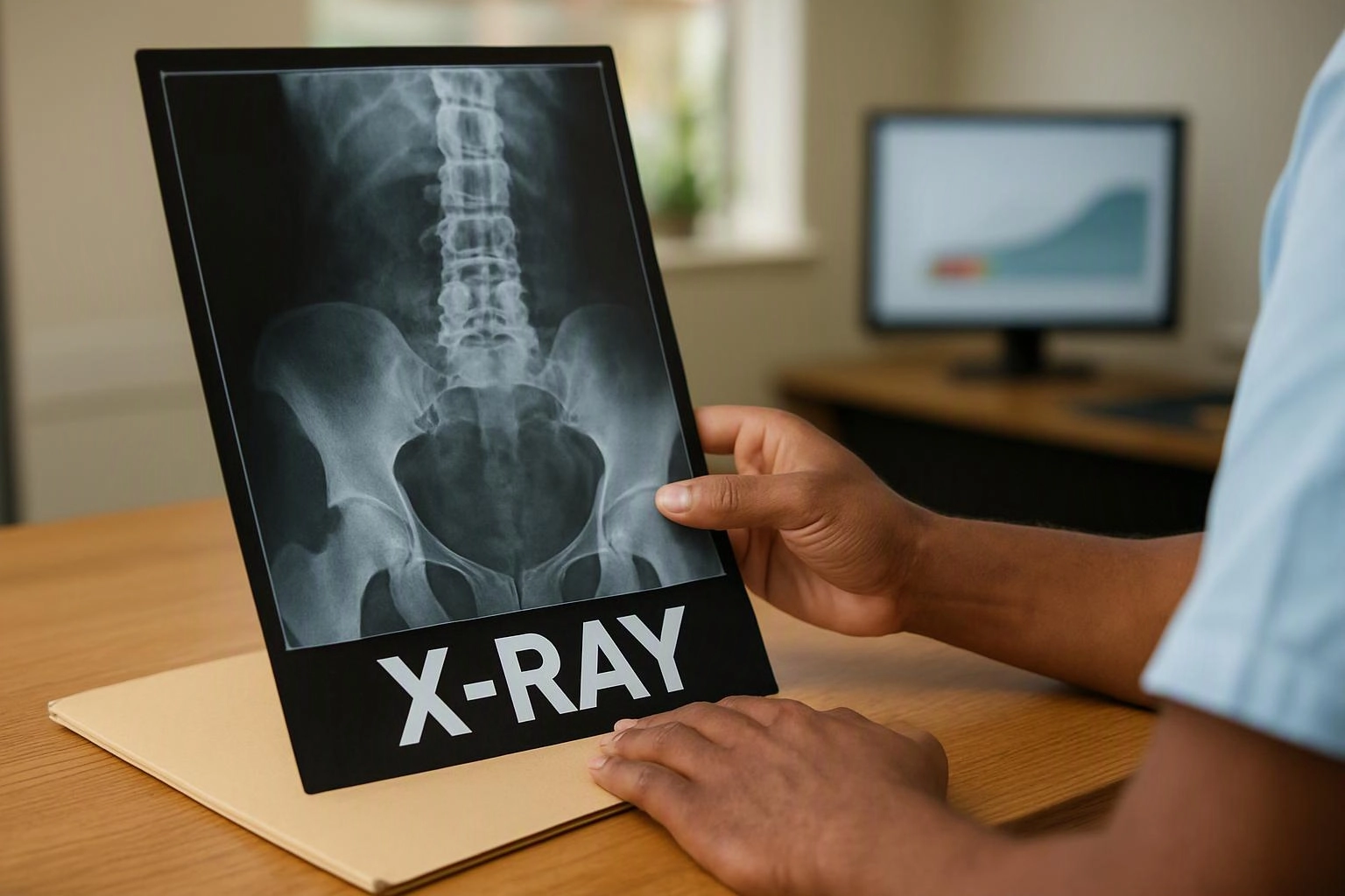 A person holds up a pelvic X-ray film labeled X-RAY at a desk in a clinic-like office
