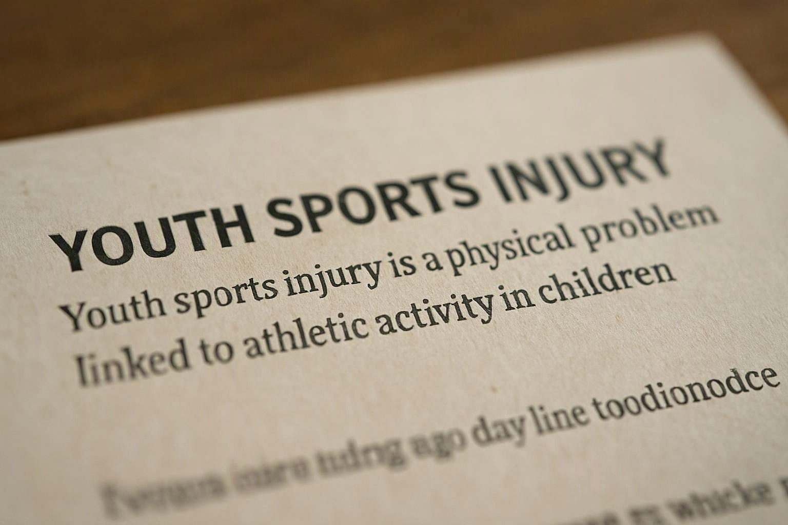 A printed page shows the headline "YOUTH SPORTS INJURY" with smaller article text below on a table