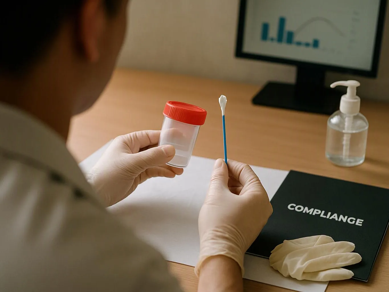 A gloved person holds a sample cup and swab at a desk beside sanitizer, gloves, and a compliance folder
