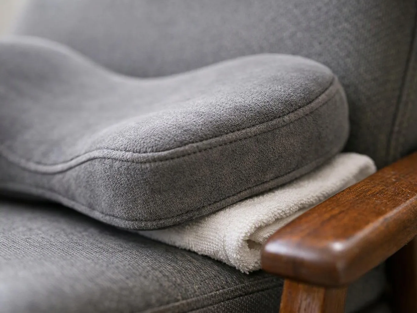A gray cushion rests on a gray sofa, with a folded white towel and wooden armrest beside it