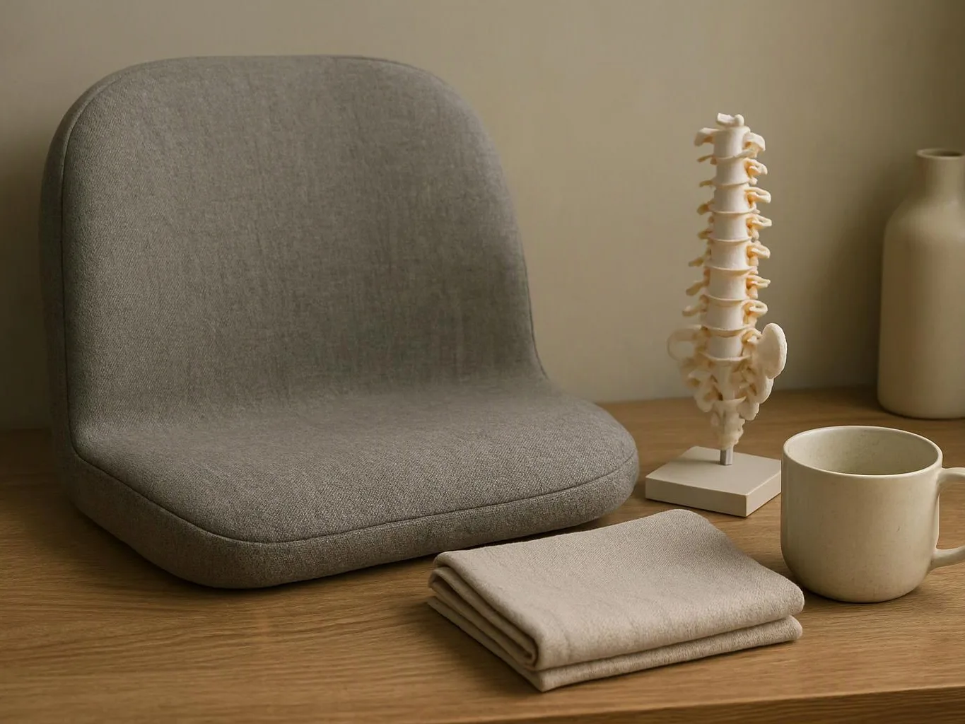 A gray cushioned chair sits beside a model spine, folded cloth, mug, and vase on a wooden surface