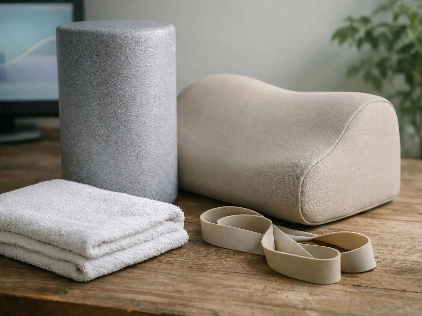 A gray foam roller, beige bolster, folded white towels, and looped resistance bands sit on a wooden table