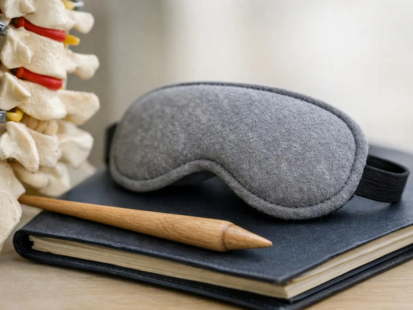 Gray sleep mask rests on a black notebook beside a wooden pencil and spine model