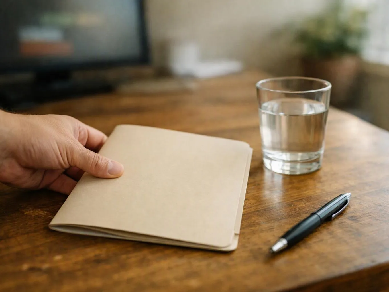 A hand holds a beige notebook on a wooden desk beside a glass of water and a pen