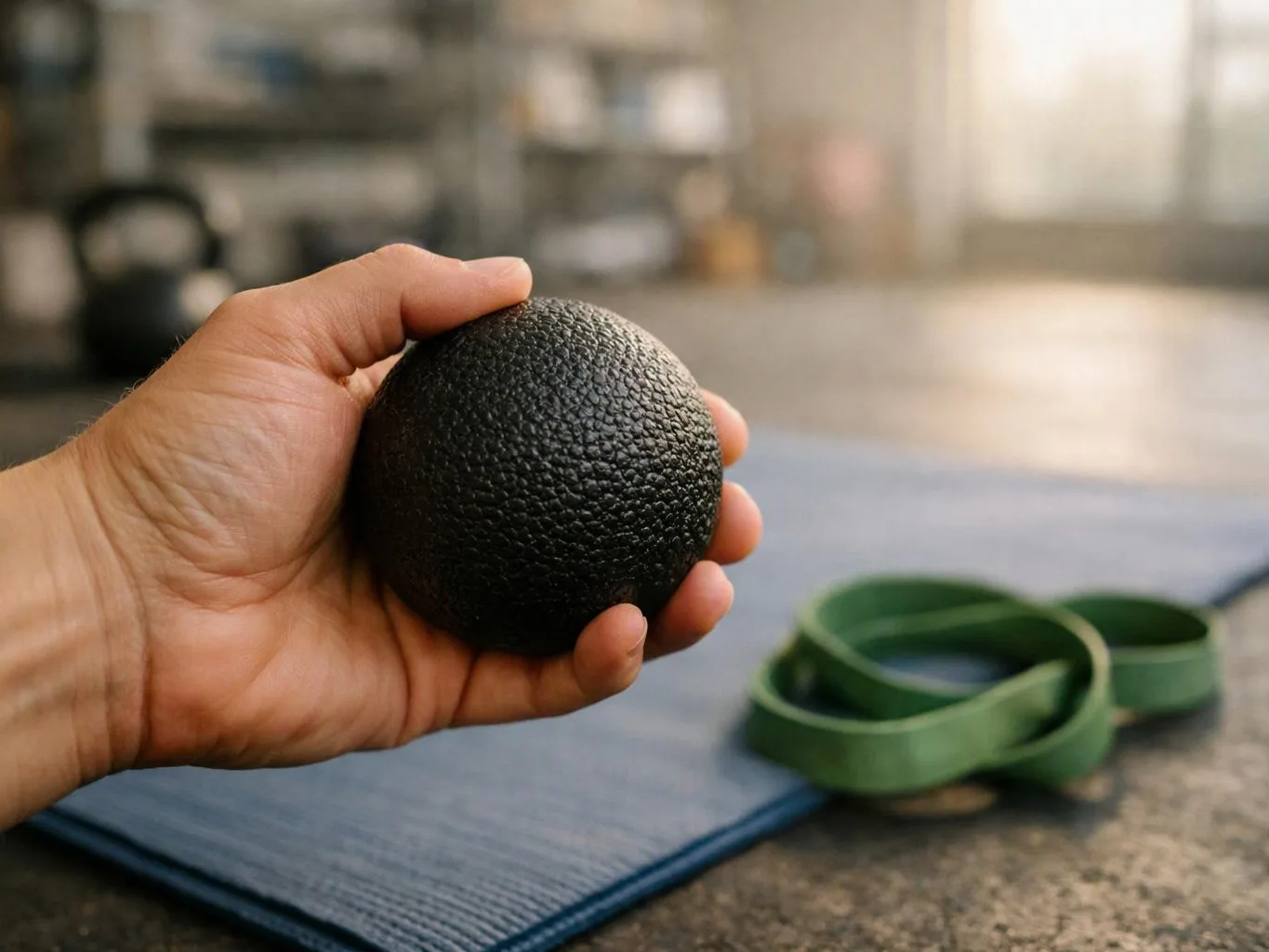 A hand holds a black textured massage ball above a blue exercise mat, with a green resistance band nearby