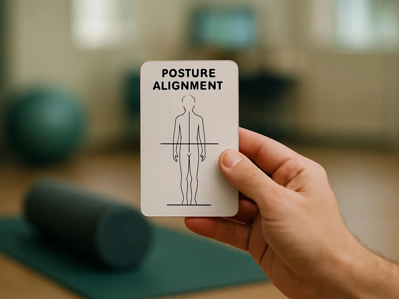 A hand holds a card labeled “POSTURE ALIGNMENT” with a body outline in a blurred exercise room