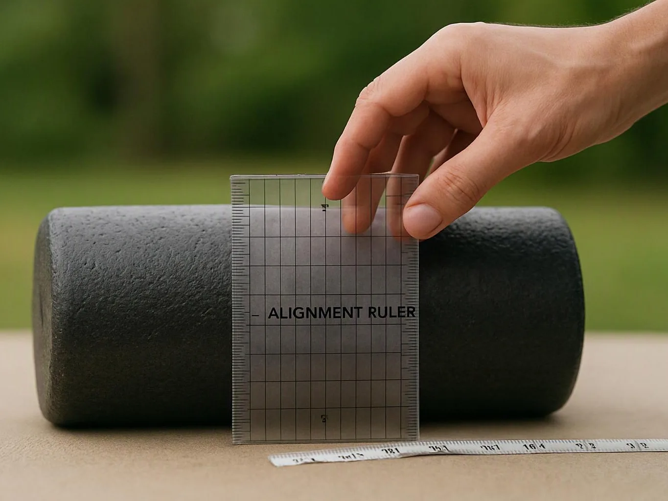 A hand holds a clear alignment ruler in front of a black foam roller outdoors