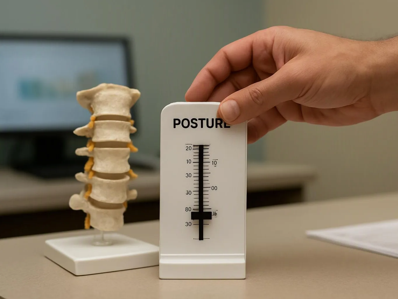 A hand holds a posture gauge beside a spine model on a desk in an office setting