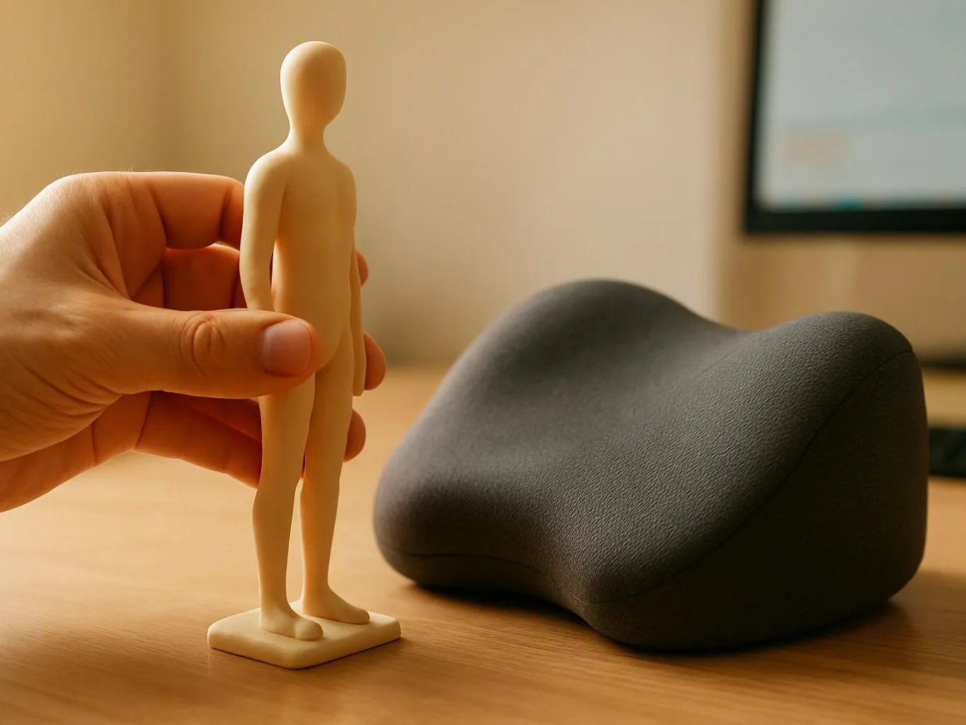 A hand holds a small mannequin beside a black ergonomic cushion on a wooden desk