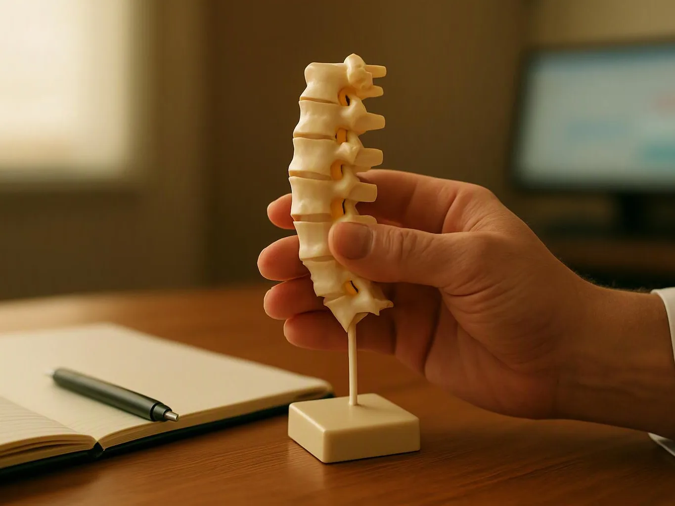 A hand holds a small model spine on a desk beside an open notebook and pen