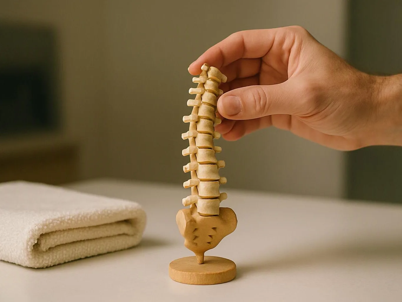 A hand holds a small model spine on a tabletop beside a folded towel