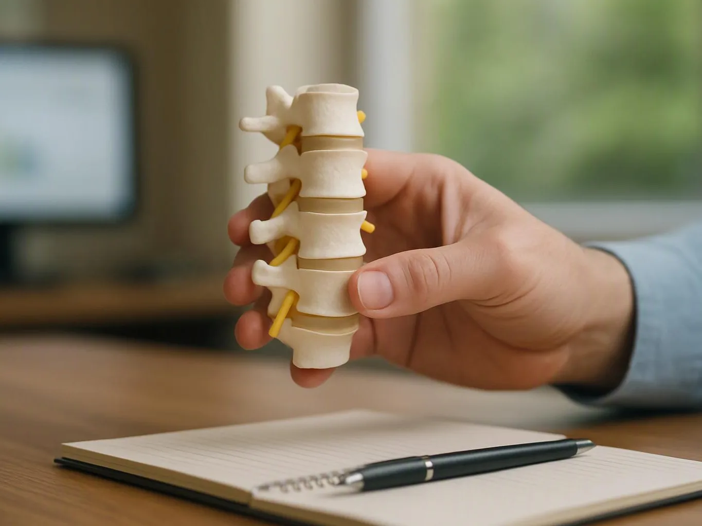 A hand holds a small spine model above a notebook and pen on a desk