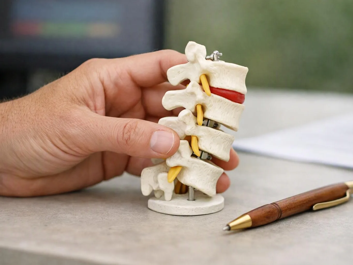 A hand holds a small spine model beside a pen on a desk