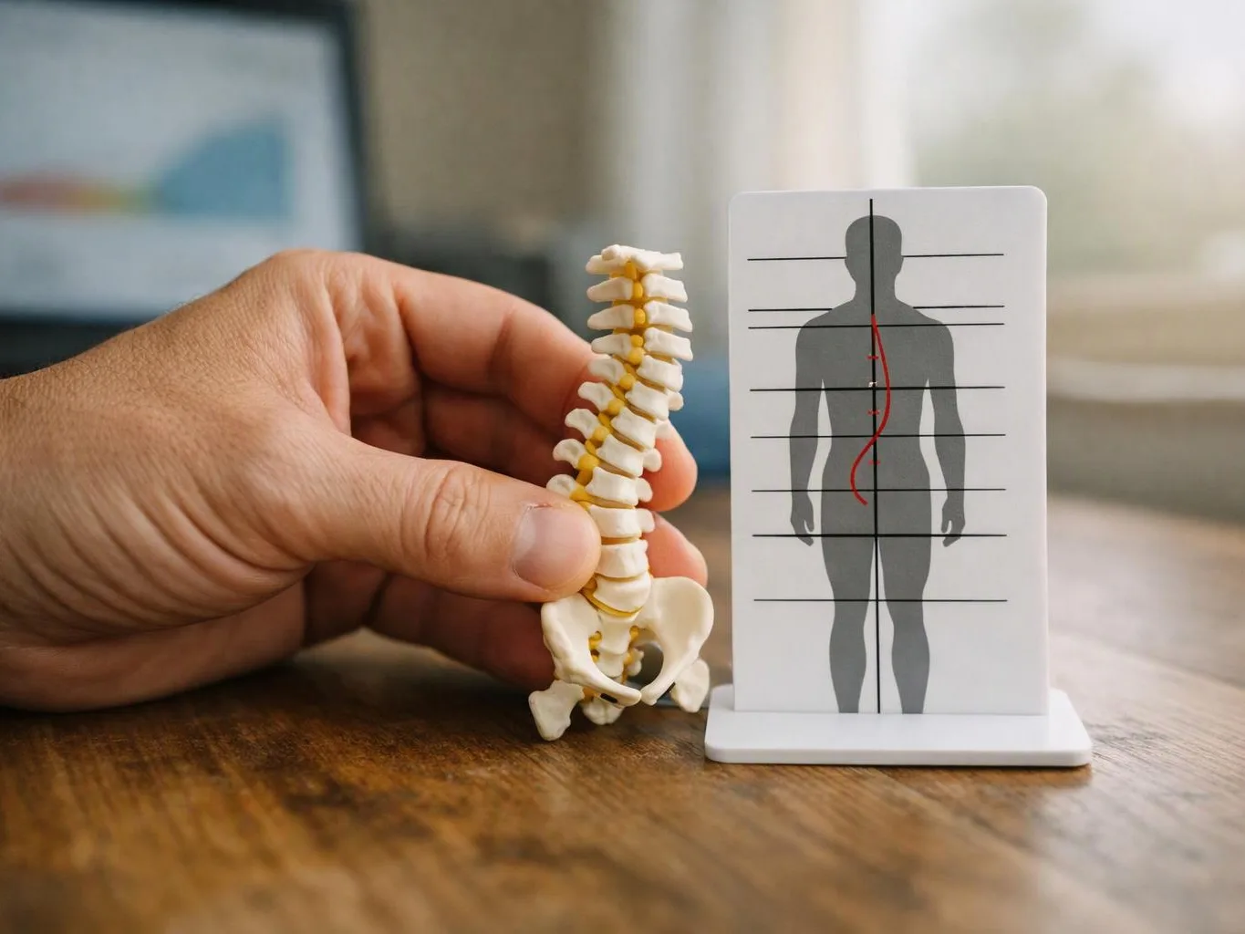 A hand holds a small spine model beside a posture chart on a wooden table