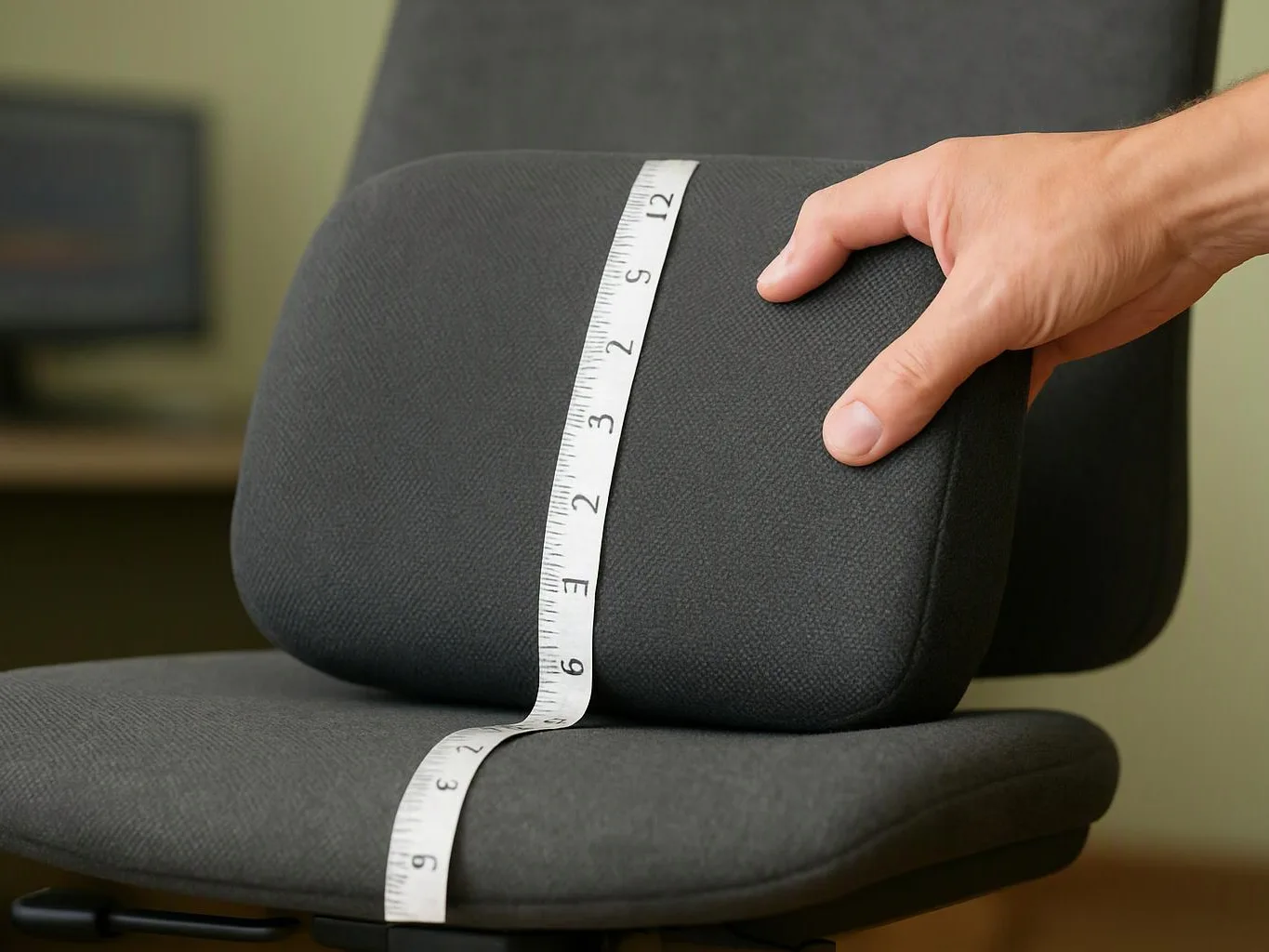 A hand measures a dark office chair backrest with a white tape, indoors