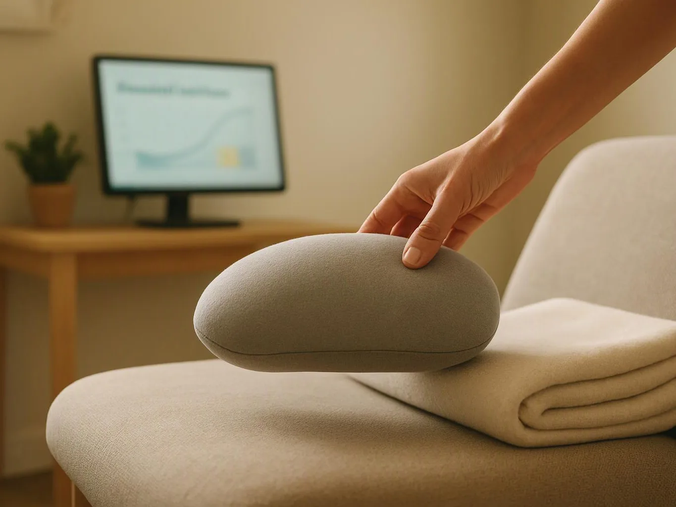 A hand places a gray eye mask on a folded beige chair in a warm room