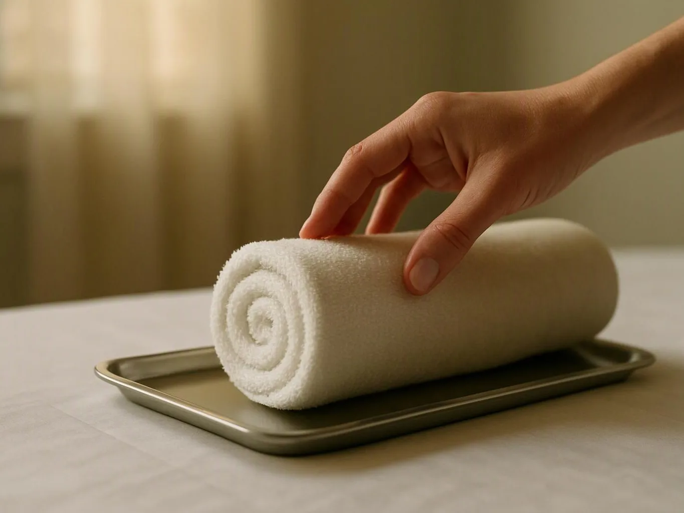 A hand places a rolled white towel on a small metal tray on a table