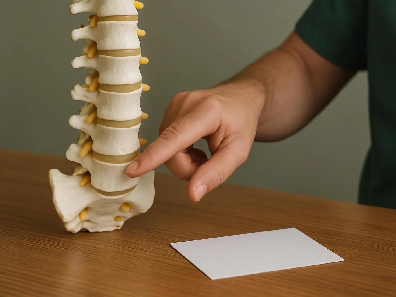 A hand points at a spine model standing on a wooden table beside a blank card