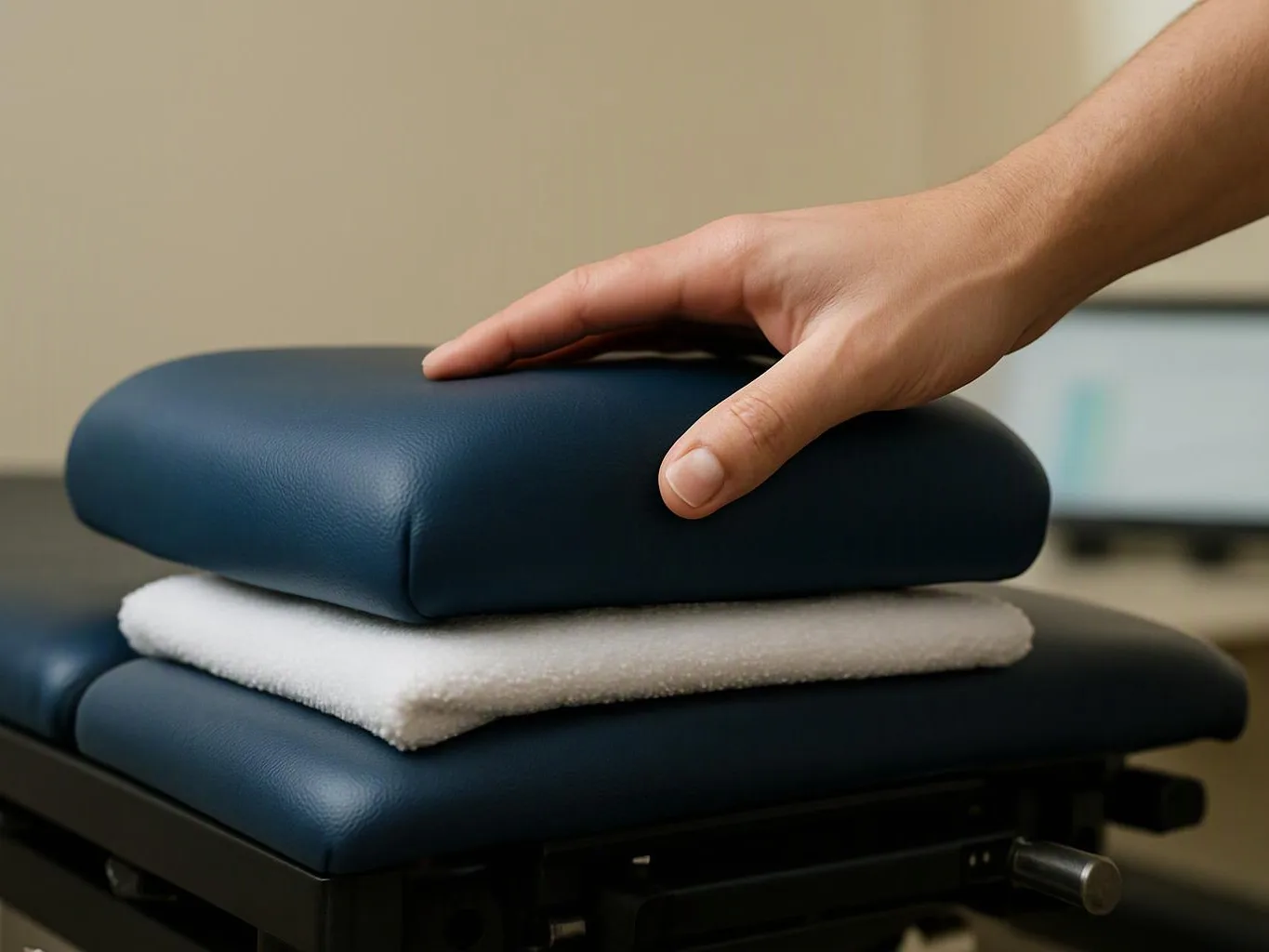 A hand presses a dark blue cushion on a padded treatment table indoors