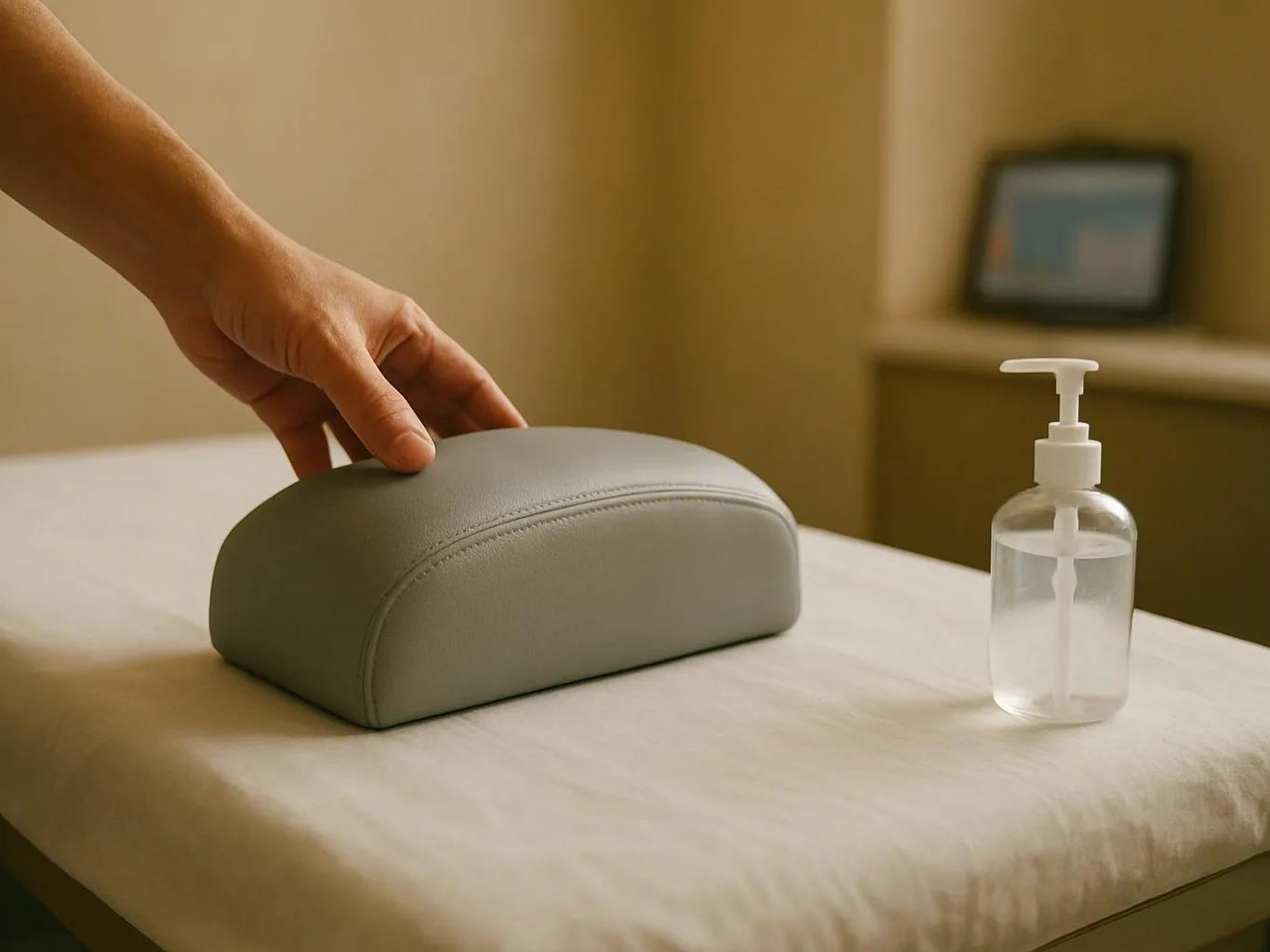 A hand presses a gray foam cushion beside a clear pump bottle on a treatment table